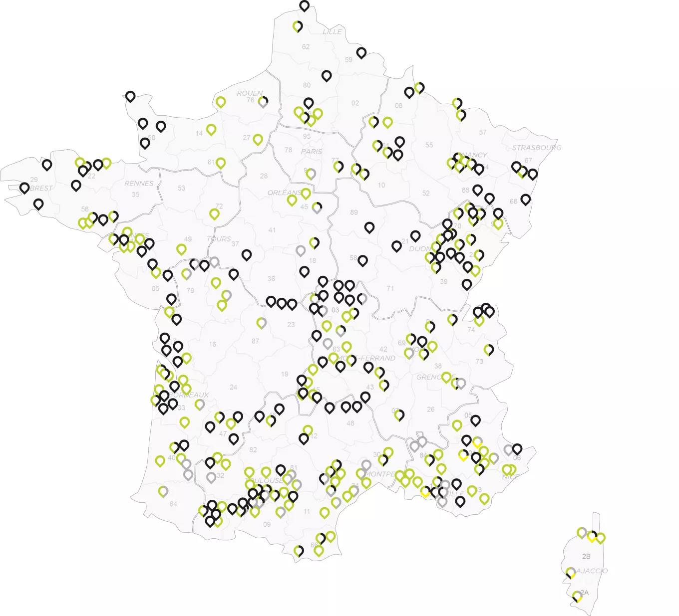 Carte de France des points de production et de valorisation de matériaux (granulats, recyclés) répartis sur le territoire, illustrant le maillage des sites pour les projets de construction et d’aménagement.