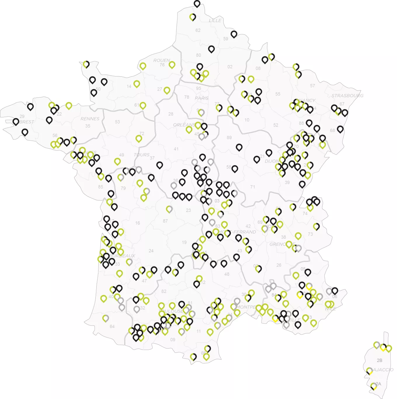 Carte des implantations Nexstone et de son réseau de plateformes de matériaux en France