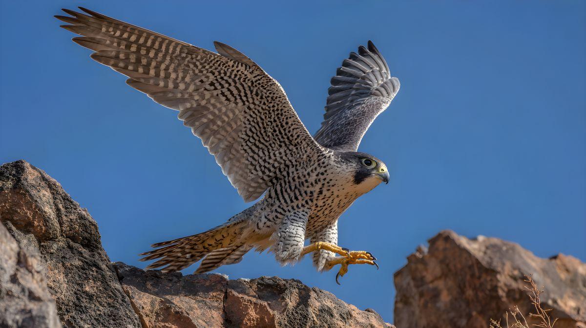 Faucon pélerin ailes déployées dans un ciel bleu
