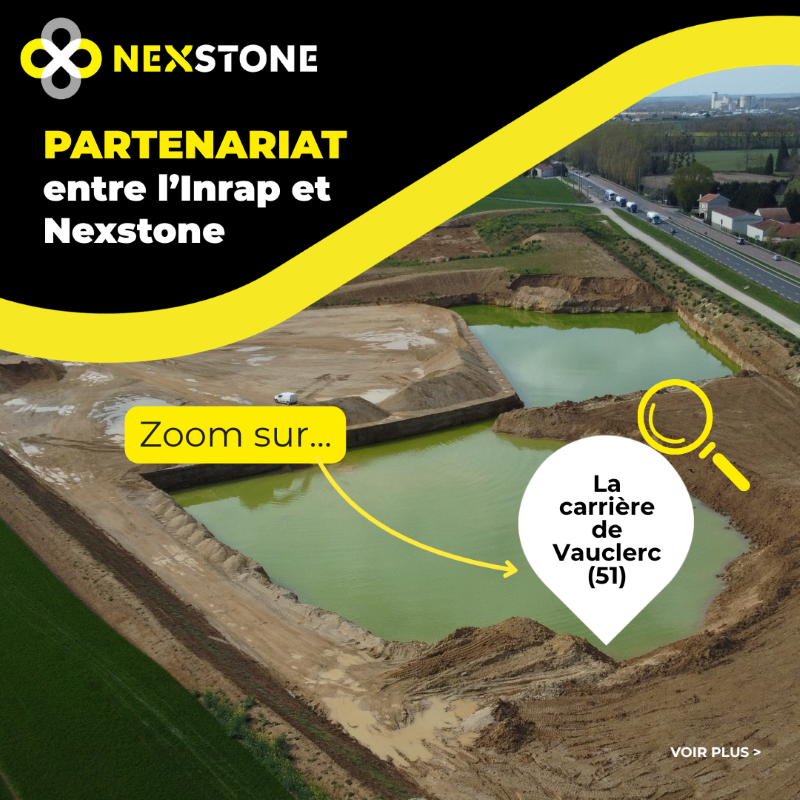 Vue aérienne de la carrière de Vauclerc exploitée par Nexstone, illustrant le partenariat avec l'Inrap pour l'archéologie préventive.
