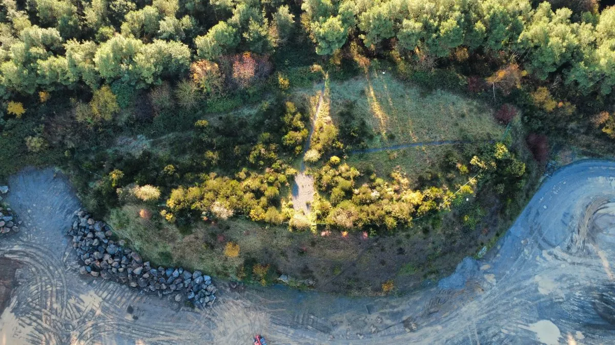 Vue aérienne d’une carrière Nexstone en cours de réhabilitation avec zones végétalisées, fronts rocheux et continuité écologique à Trégueux